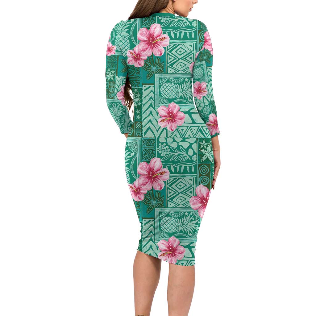 Cyan Hawaii Hibiscus With Tropical Flowers Motifs Family Matching Long Sleeve Bodycon Dress and Hawaiian Shirt - Polynesian Pride