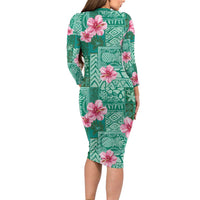 Cyan Hawaii Hibiscus With Tropical Flowers Motifs Family Matching Long Sleeve Bodycon Dress and Hawaiian Shirt - Polynesian Pride