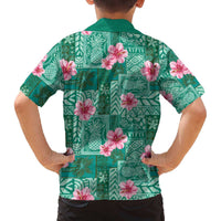 Cyan Hawaii Hibiscus With Tropical Flowers Motifs Family Matching Off The Shoulder Long Sleeve Dress and Hawaiian Shirt LT14 - Polynesian Pride