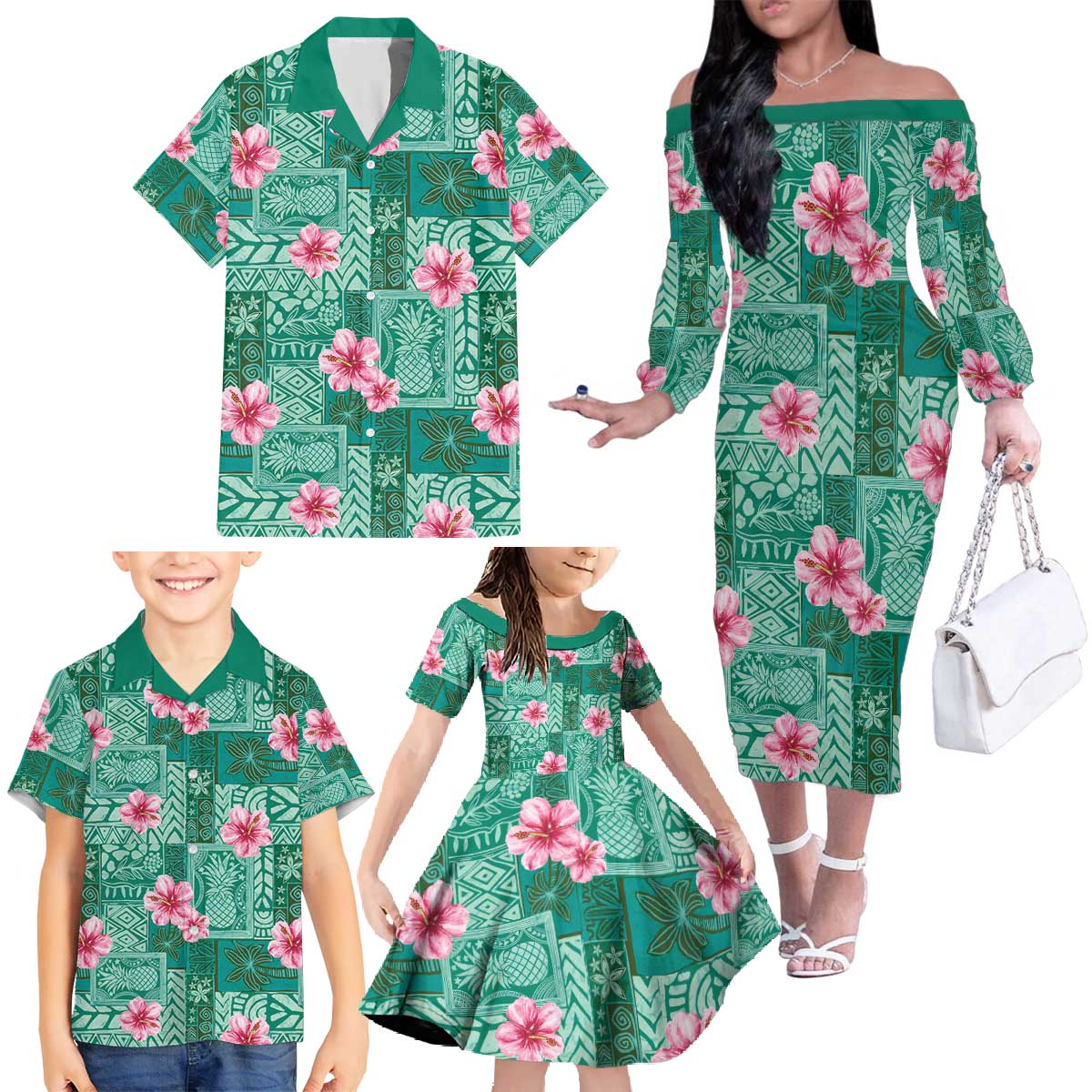 Cyan Hawaii Hibiscus With Tropical Flowers Motifs Family Matching Off The Shoulder Long Sleeve Dress and Hawaiian Shirt LT14 - Polynesian Pride