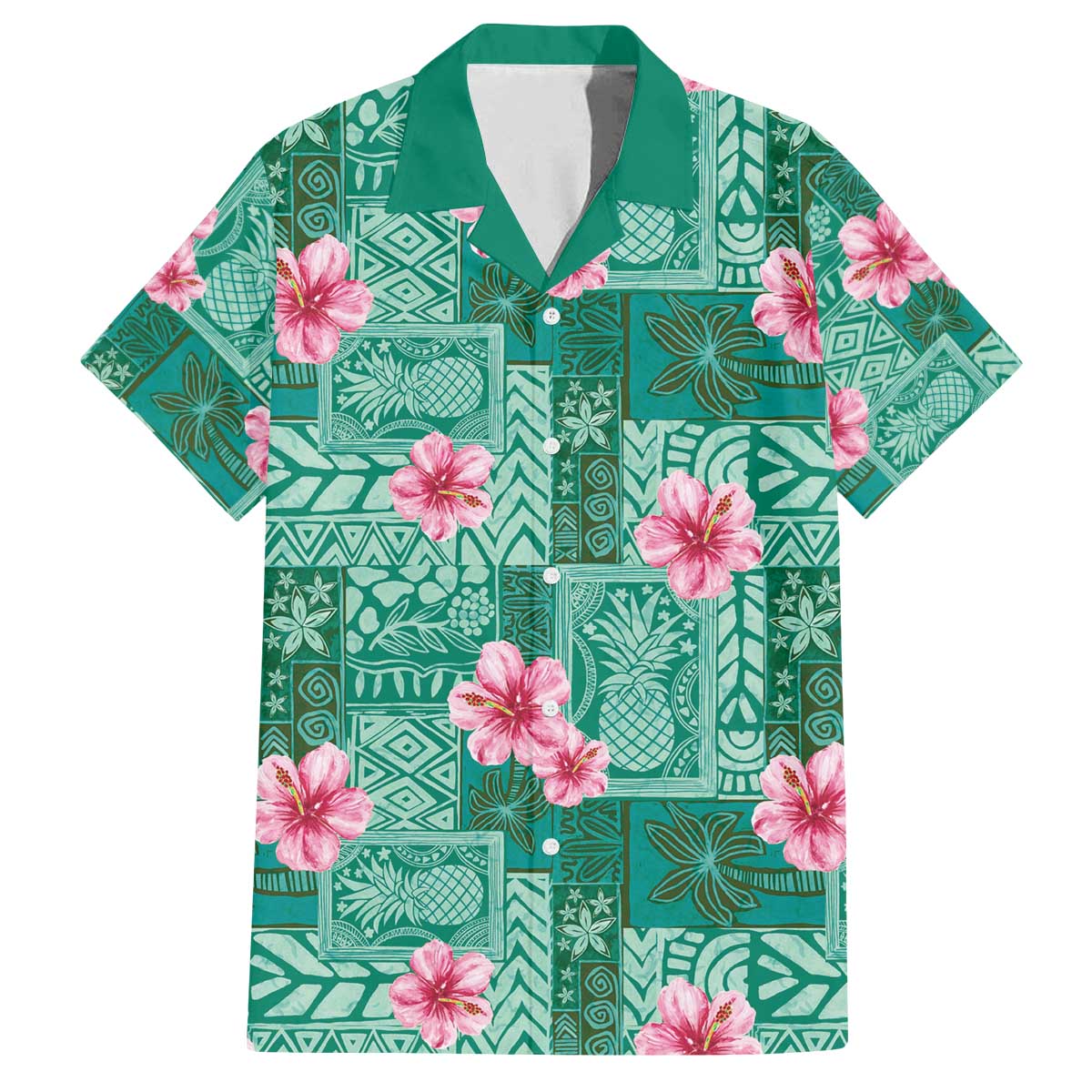 Cyan Hawaii Hibiscus With Tropical Flowers Motifs Family Matching Off The Shoulder Long Sleeve Dress and Hawaiian Shirt LT14 Dad's Shirt - Short Sleeve Cyan - Polynesian Pride