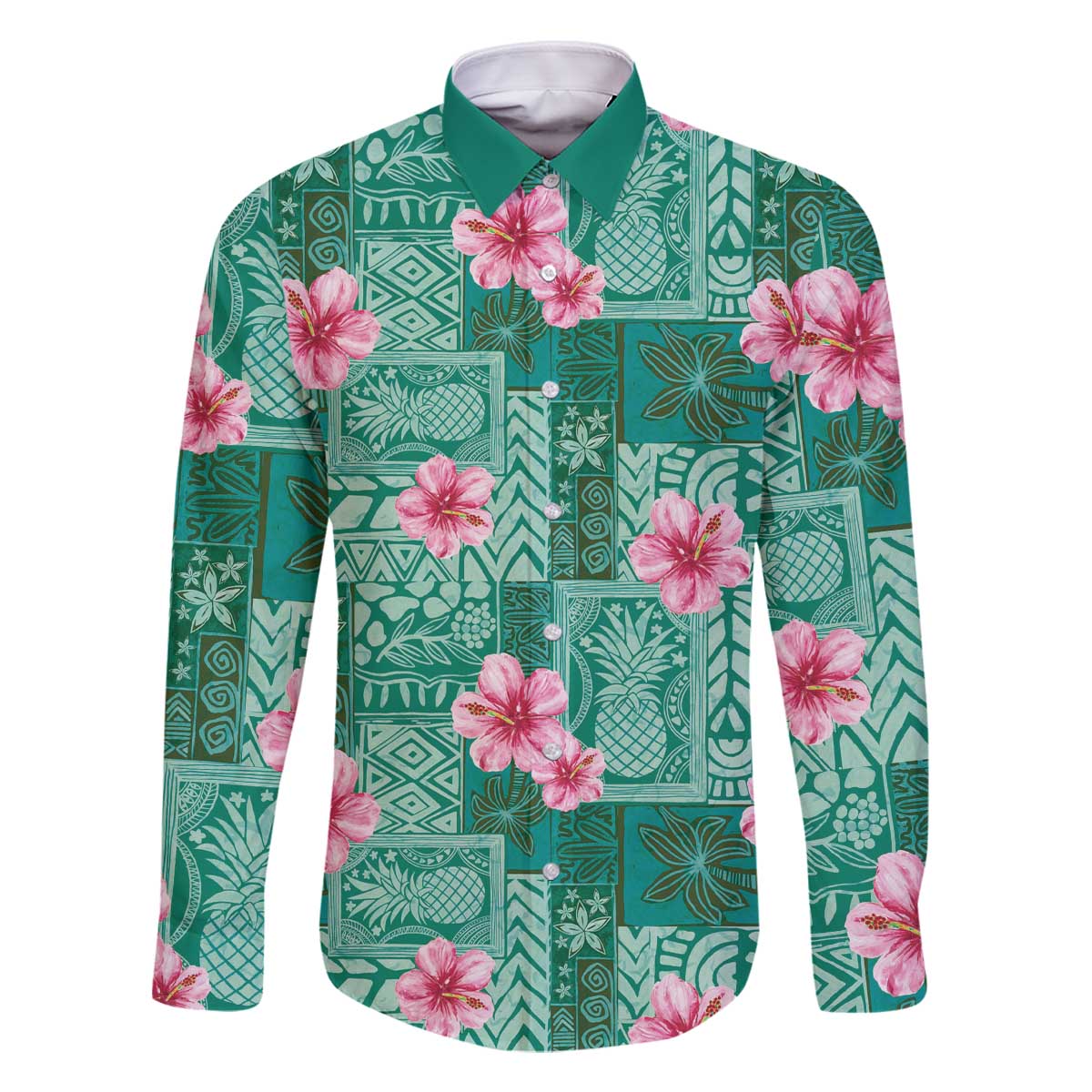 Cyan Hawaii Hibiscus With Tropical Flowers Motifs Family Matching Off The Shoulder Long Sleeve Dress and Hawaiian Shirt LT14 Dad's Shirt - Long Sleeve Cyan - Polynesian Pride