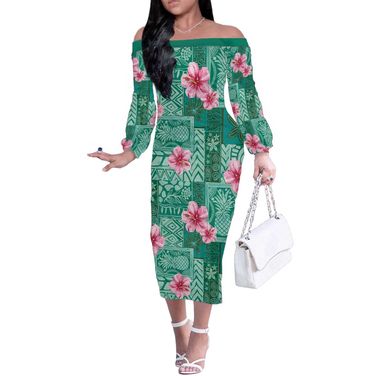 Cyan Hawaii Hibiscus With Tropical Flowers Motifs Family Matching Off The Shoulder Long Sleeve Dress and Hawaiian Shirt LT14 Mom's Dress Cyan - Polynesian Pride