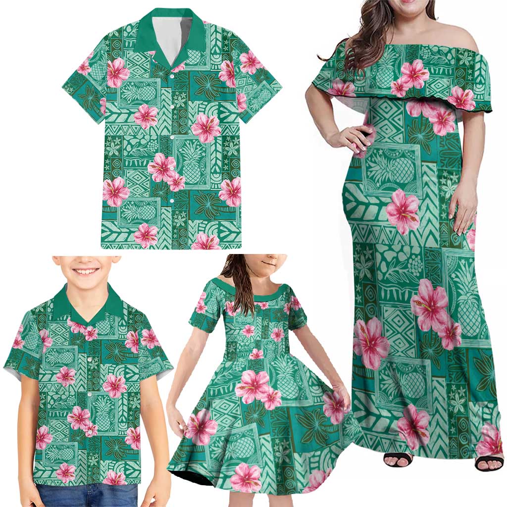 Cyan Hawaii Hibiscus With Tropical Flowers Motifs Family Matching Off Shoulder Maxi Dress and Hawaiian Shirt - Polynesian Pride