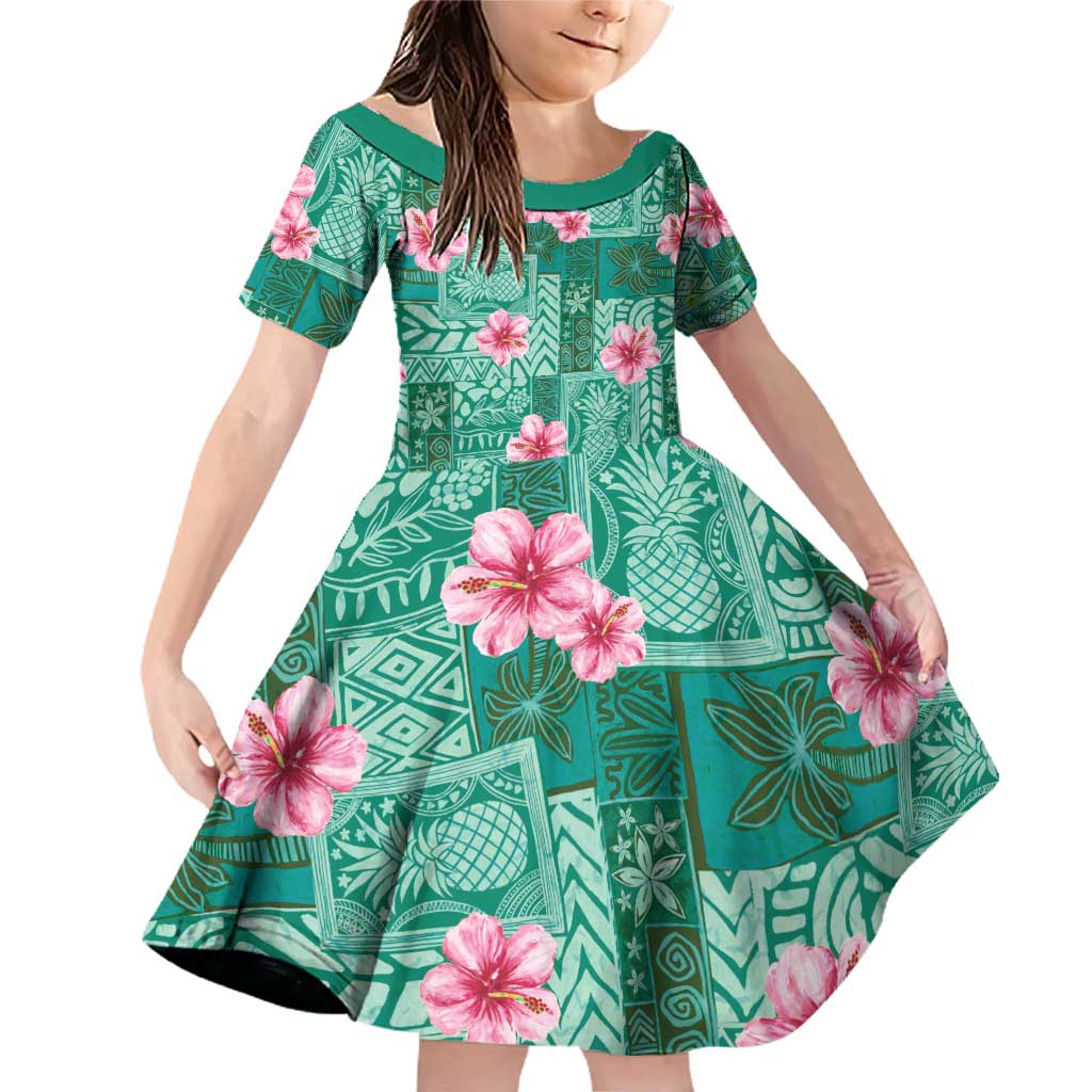 Cyan Hawaii Hibiscus With Tropical Flowers Motifs Family Matching Off Shoulder Short Dress and Hawaiian Shirt - Polynesian Pride