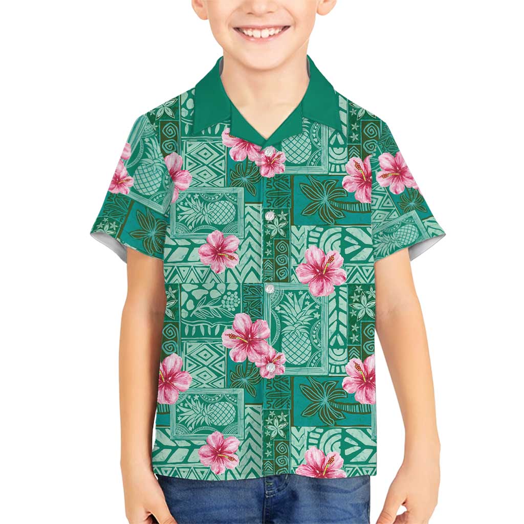 Cyan Hawaii Hibiscus With Tropical Flowers Motifs Family Matching Off Shoulder Short Dress and Hawaiian Shirt - Polynesian Pride