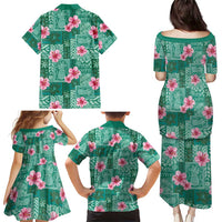 Cyan Hawaii Hibiscus With Tropical Flowers Motifs Family Matching Puletasi and Hawaiian Shirt - Polynesian Pride