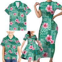 Cyan Hawaii Hibiscus With Tropical Flowers Motifs Family Matching Short Sleeve Bodycon Dress and Hawaiian Shirt - Polynesian Pride