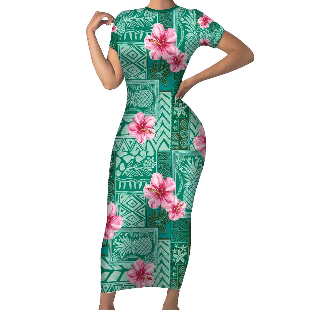 Cyan Hawaii Hibiscus With Tropical Flowers Motifs Family Matching Short Sleeve Bodycon Dress and Hawaiian Shirt - Polynesian Pride