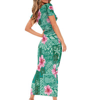 Cyan Hawaii Hibiscus With Tropical Flowers Motifs Family Matching Short Sleeve Bodycon Dress and Hawaiian Shirt - Polynesian Pride