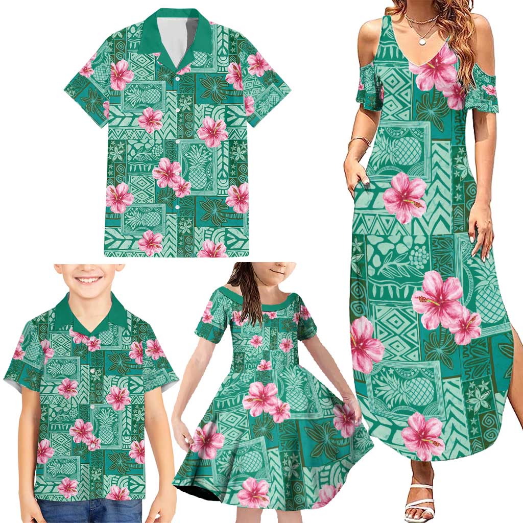 Cyan Hawaii Hibiscus With Tropical Flowers Motifs Family Matching Summer Maxi Dress and Hawaiian Shirt - Polynesian Pride