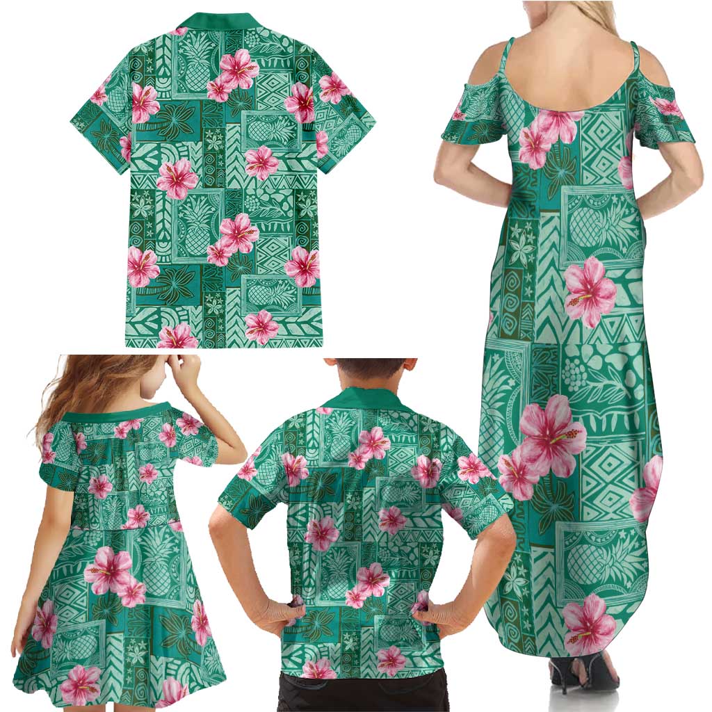 Cyan Hawaii Hibiscus With Tropical Flowers Motifs Family Matching Summer Maxi Dress and Hawaiian Shirt - Polynesian Pride