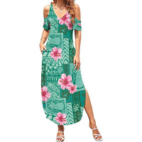 Cyan Hawaii Hibiscus With Tropical Flowers Motifs Family Matching Summer Maxi Dress and Hawaiian Shirt - Polynesian Pride