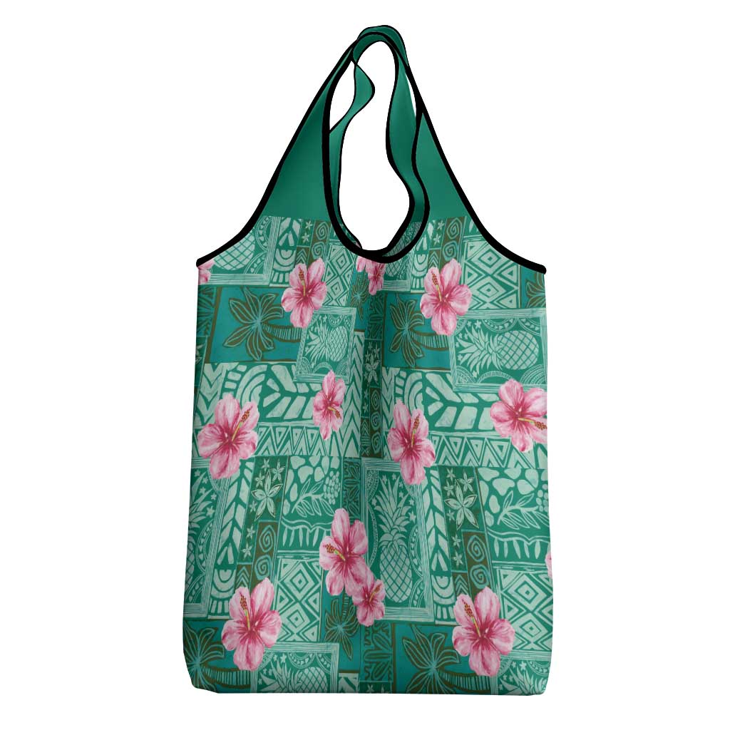 Cyan Hawaii Hibiscus With Tropical Flowers Motifs Grocery Bag - Polynesian Pride
