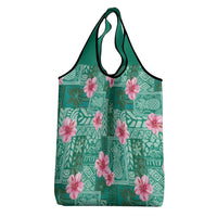 Cyan Hawaii Hibiscus With Tropical Flowers Motifs Grocery Bag - Polynesian Pride