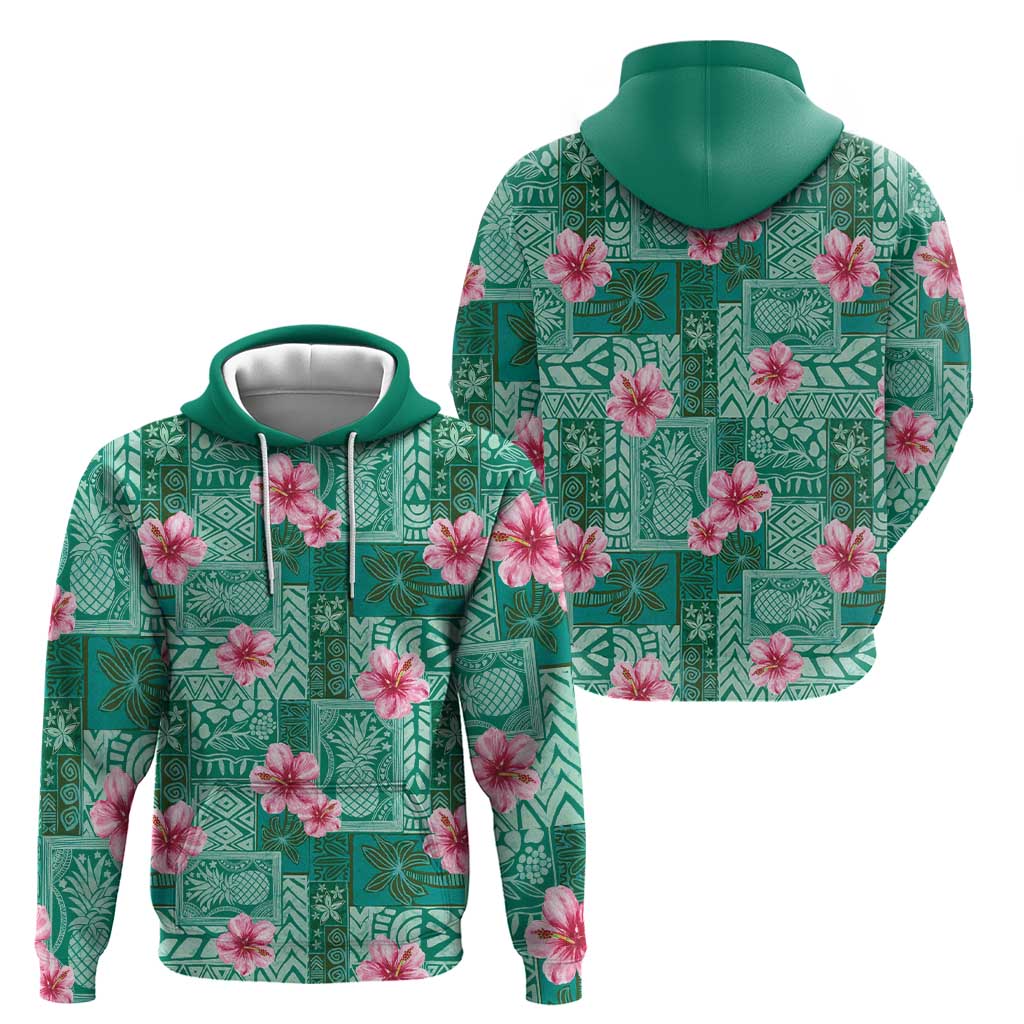 Cyan Hawaii Hibiscus With Tropical Flowers Motifs Hoodie - Polynesian Pride