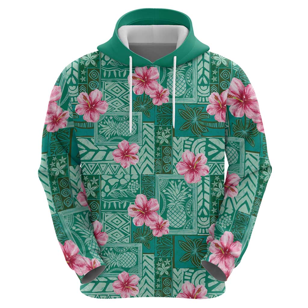 Cyan Hawaii Hibiscus With Tropical Flowers Motifs Hoodie - Polynesian Pride