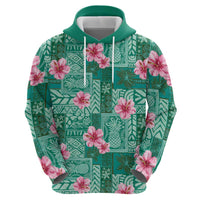 Cyan Hawaii Hibiscus With Tropical Flowers Motifs Hoodie - Polynesian Pride