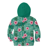 Cyan Hawaii Hibiscus With Tropical Flowers Motifs Kid Hoodie - Polynesian Pride