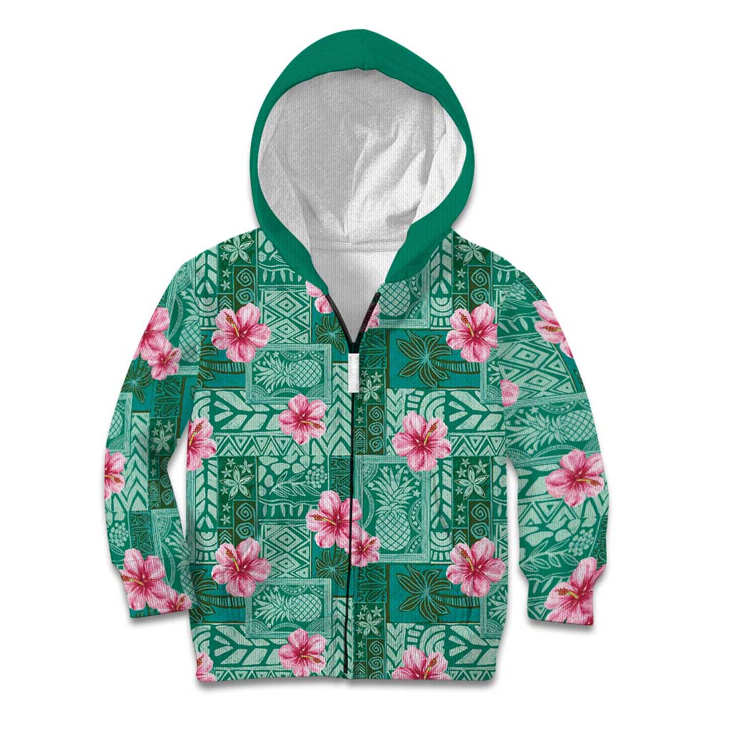 Cyan Hawaii Hibiscus With Tropical Flowers Motifs Kid Hoodie - Polynesian Pride