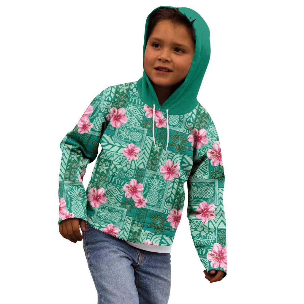 Cyan Hawaii Hibiscus With Tropical Flowers Motifs Kid Hoodie - Polynesian Pride