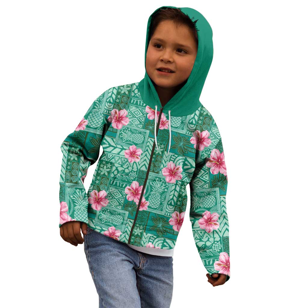 Cyan Hawaii Hibiscus With Tropical Flowers Motifs Kid Hoodie - Polynesian Pride