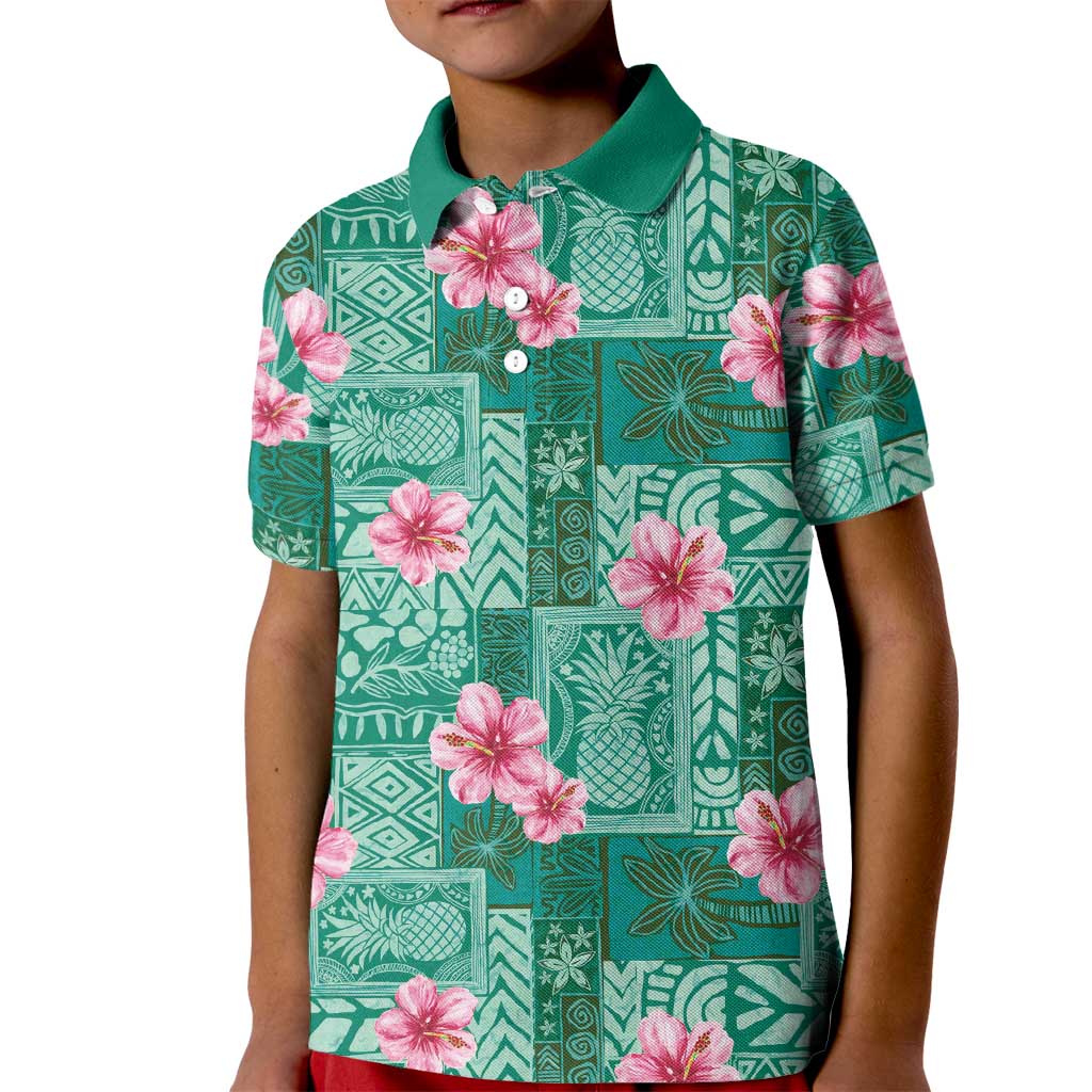 Cyan Hawaii Hibiscus With Tropical Flowers Motifs Kid Polo Shirt - Polynesian Pride