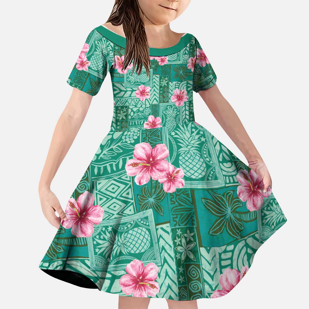 Cyan Hawaii Hibiscus With Tropical Flowers Motifs Kid Short Sleeve Dress - Polynesian Pride