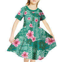 Cyan Hawaii Hibiscus With Tropical Flowers Motifs Kid Short Sleeve Dress - Polynesian Pride