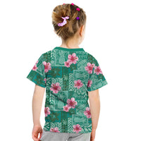 Cyan Hawaii Hibiscus With Tropical Flowers Motifs Kid T Shirt - Polynesian Pride