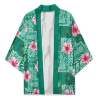 Cyan Hawaii Hibiscus With Tropical Flowers Motifs Kimono - Polynesian Pride