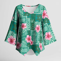 Cyan Hawaii Hibiscus With Tropical Flowers Motifs Kimono Sleeve Blouse - Polynesian Pride