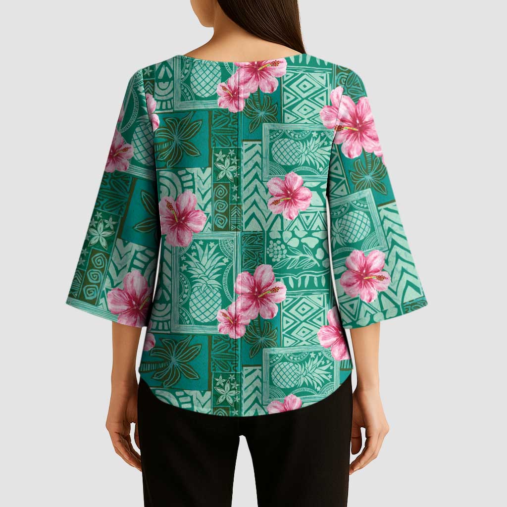 Cyan Hawaii Hibiscus With Tropical Flowers Motifs Kimono Sleeve Blouse - Polynesian Pride