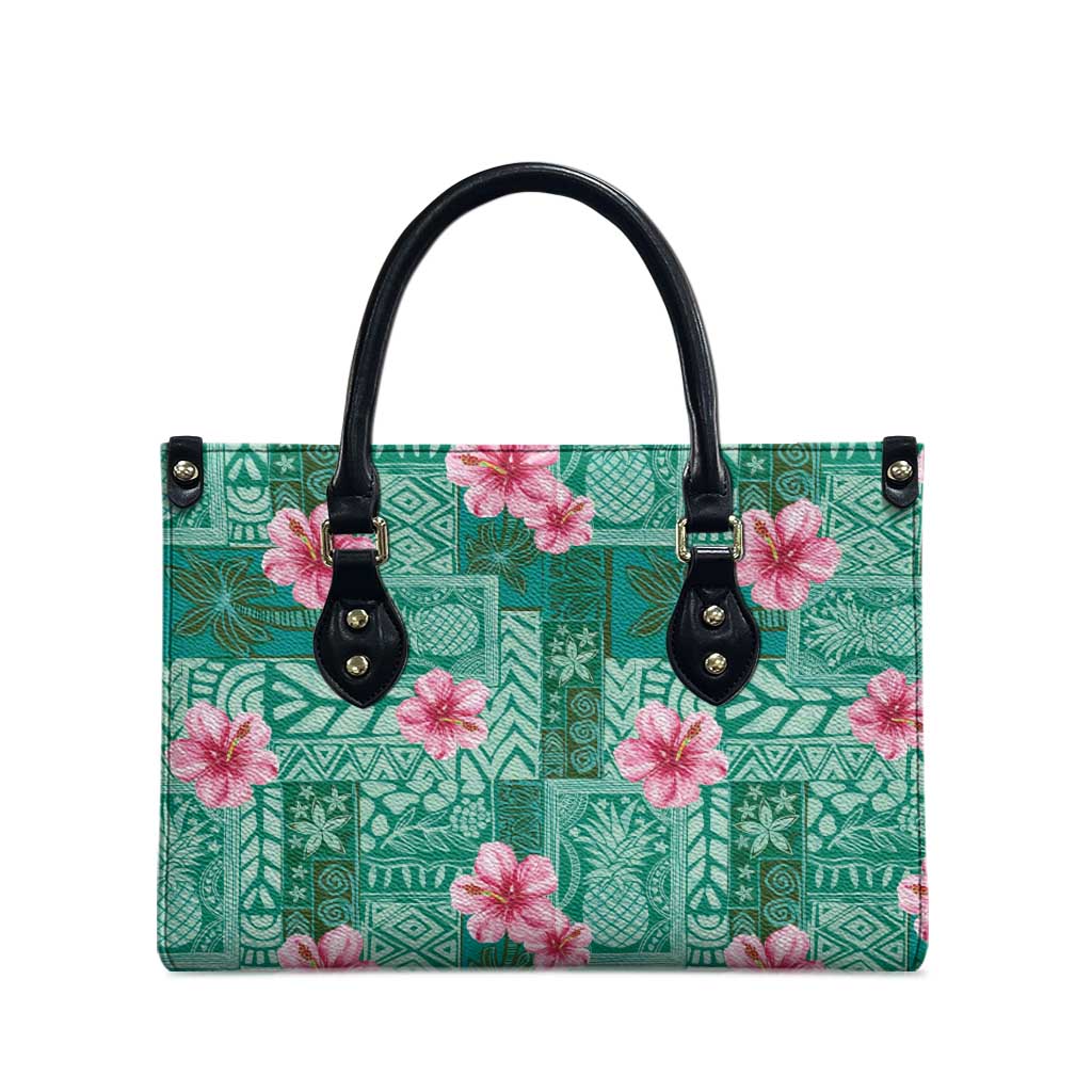 Cyan Hawaii Hibiscus With Tropical Flowers Motifs Leather Bag - Polynesian Pride