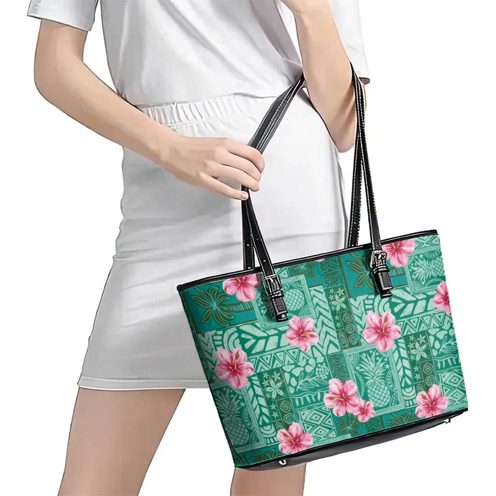 Cyan Hawaii Hibiscus With Tropical Flowers Motifs Leather Tote Bag - Polynesian Pride