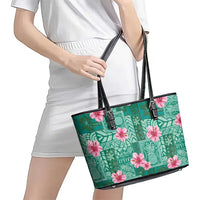Cyan Hawaii Hibiscus With Tropical Flowers Motifs Leather Tote Bag - Polynesian Pride