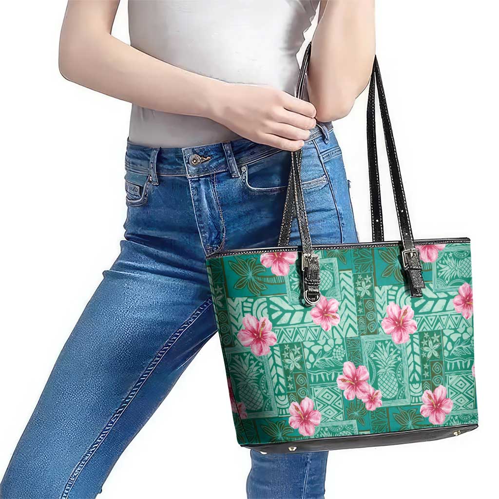Cyan Hawaii Hibiscus With Tropical Flowers Motifs Leather Tote Bag - Polynesian Pride