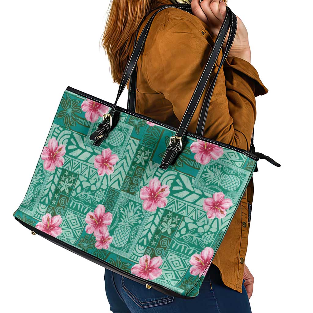 Cyan Hawaii Hibiscus With Tropical Flowers Motifs Leather Tote Bag - Polynesian Pride