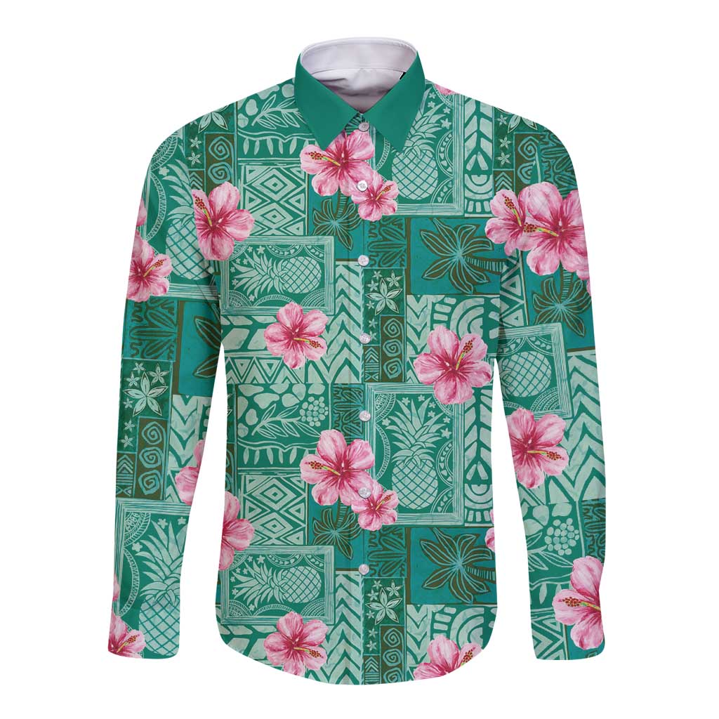 Cyan Hawaii Hibiscus With Tropical Flowers Motifs Long Sleeve Button Shirt - Polynesian Pride
