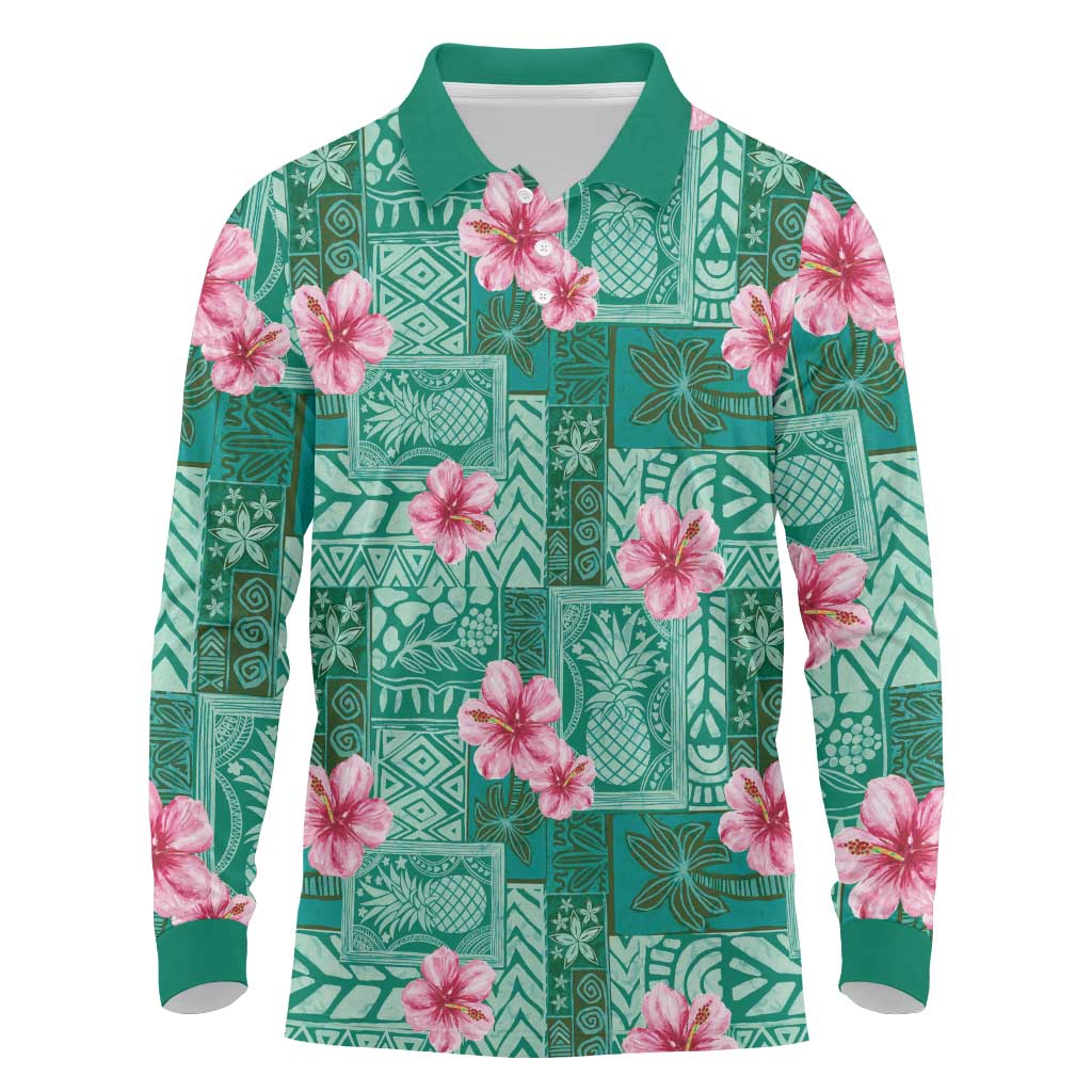 Cyan Hawaii Hibiscus With Tropical Flowers Motifs Long Sleeve Polo Shirt - Polynesian Pride