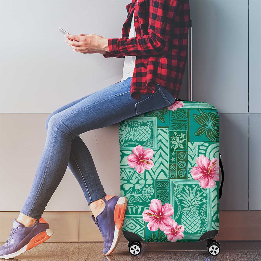 Cyan Hawaii Hibiscus With Tropical Flowers Motifs Luggage Cover - Polynesian Pride
