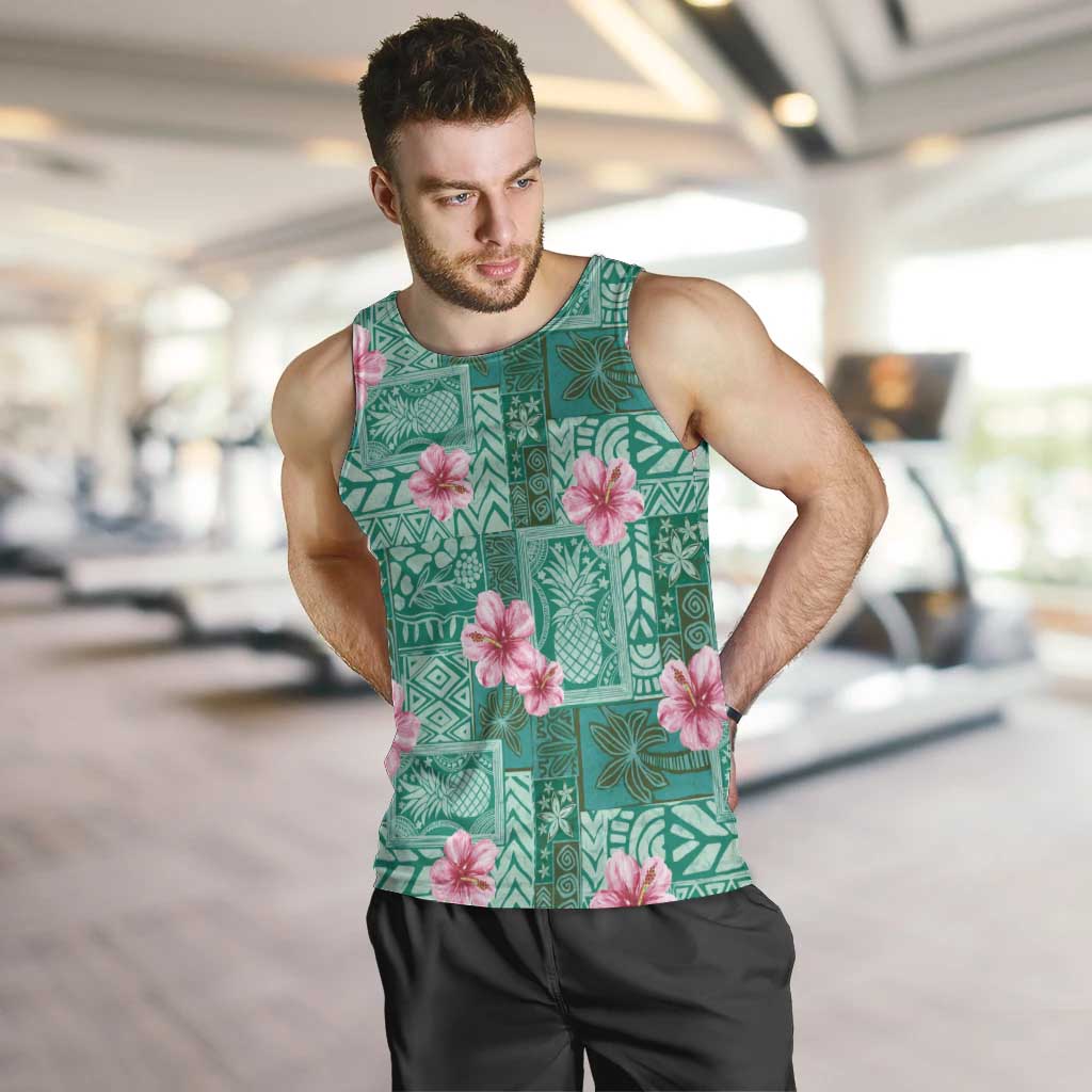 Cyan Hawaii Hibiscus With Tropical Flowers Motifs Men Tank Top - Polynesian Pride