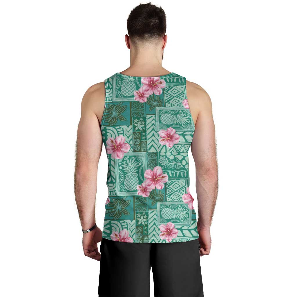 Cyan Hawaii Hibiscus With Tropical Flowers Motifs Men Tank Top - Polynesian Pride
