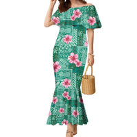 Cyan Hawaii Hibiscus With Tropical Flowers Motifs Mermaid Dress - Polynesian Pride