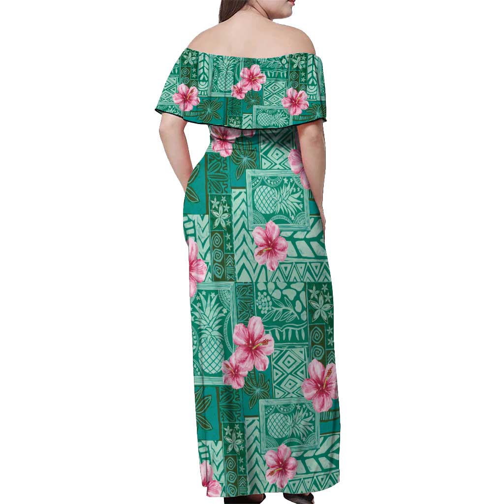 Cyan Hawaii Hibiscus With Tropical Flowers Motifs Off Shoulder Maxi Dress - Polynesian Pride