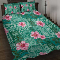 Cyan Hawaii Hibiscus With Tropical Flowers Motifs Quilt Bed Set - Polynesian Pride
