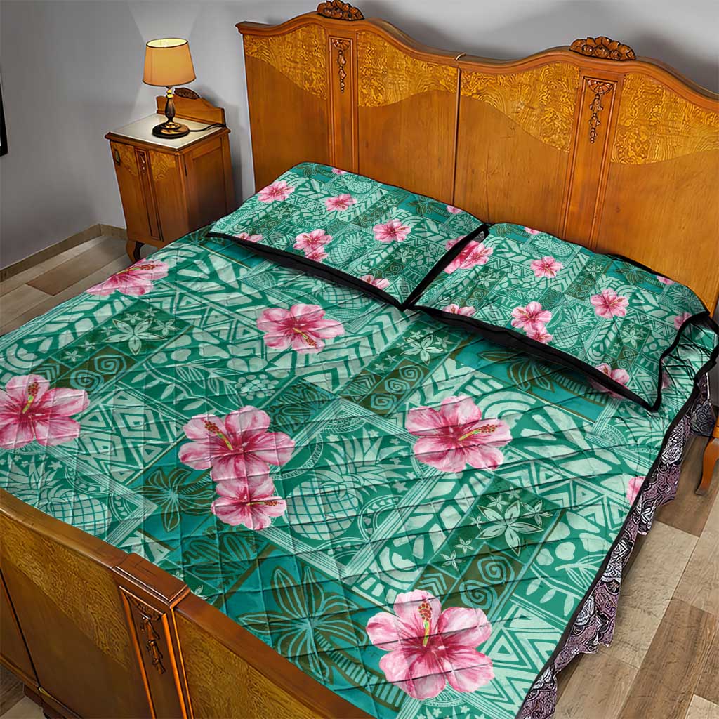 Cyan Hawaii Hibiscus With Tropical Flowers Motifs Quilt Bed Set - Polynesian Pride