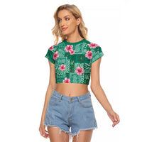 Cyan Hawaii Hibiscus With Tropical Flowers Motifs Raglan Cropped T Shirt - Polynesian Pride
