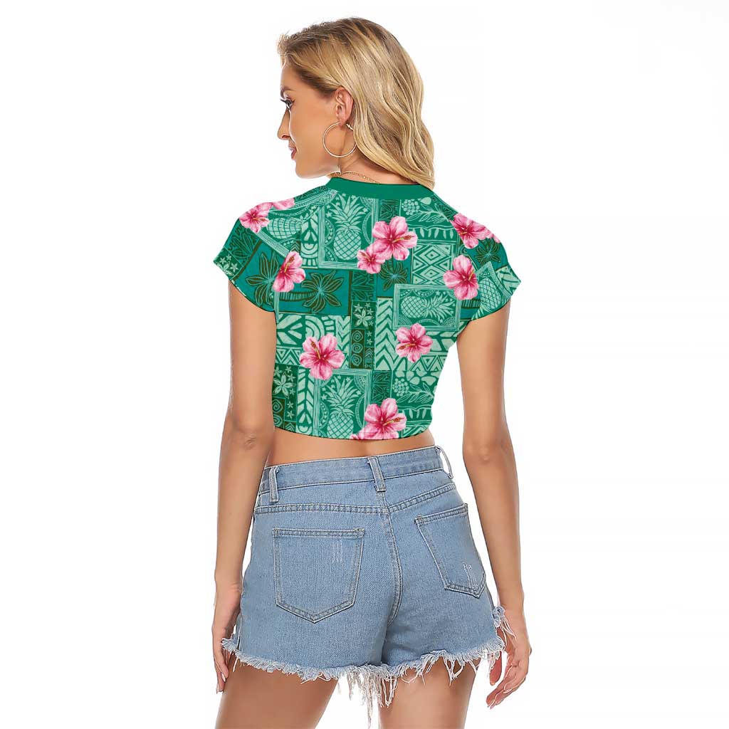 Cyan Hawaii Hibiscus With Tropical Flowers Motifs Raglan Cropped T Shirt - Polynesian Pride