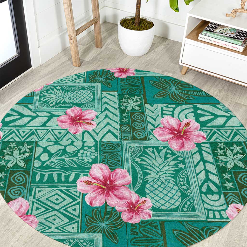 Cyan Hawaii Hibiscus With Tropical Flowers Motifs Round Carpet - Polynesian Pride